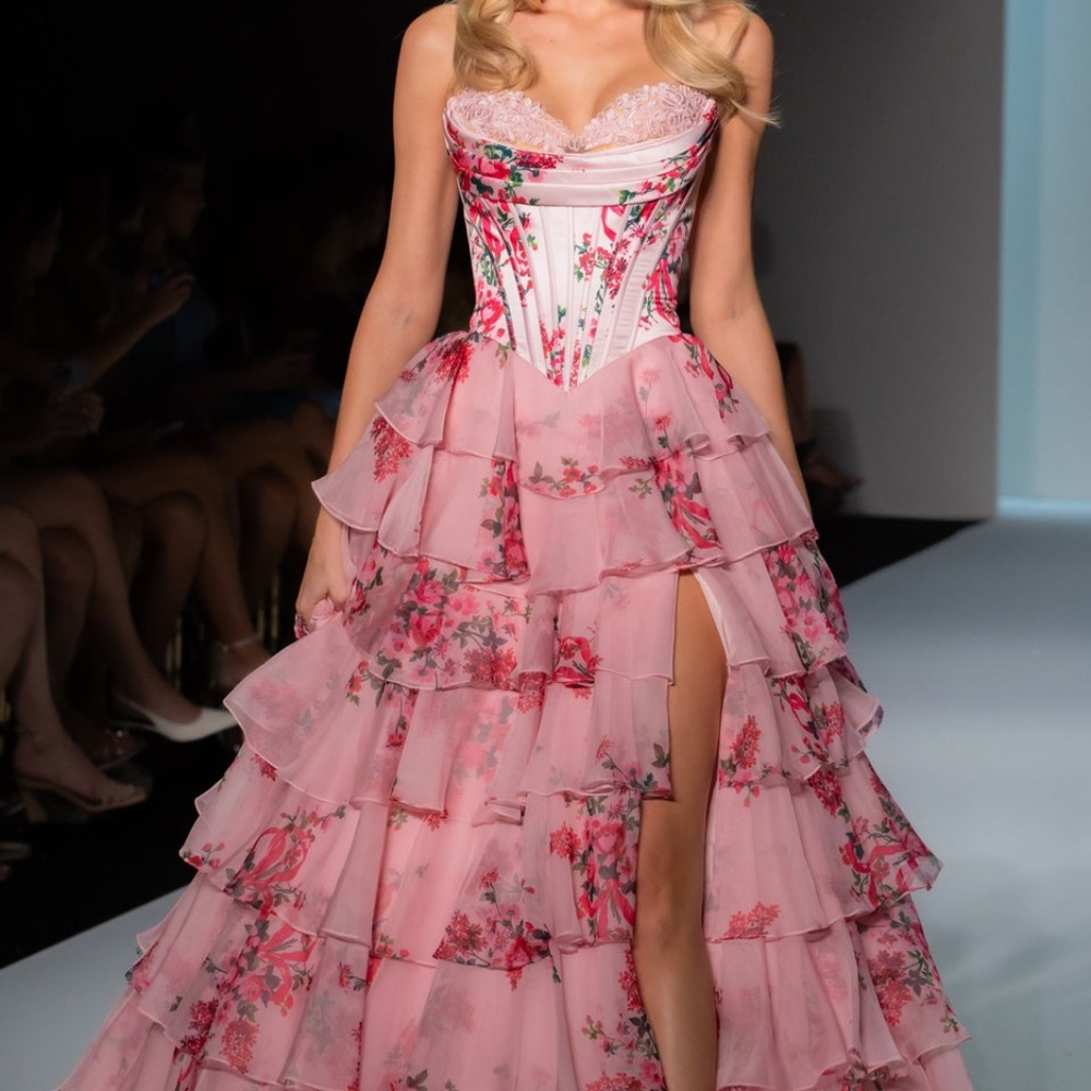 Sherri Hill 57249 Corseted Pink Floral Chiffon Gown, Size 12